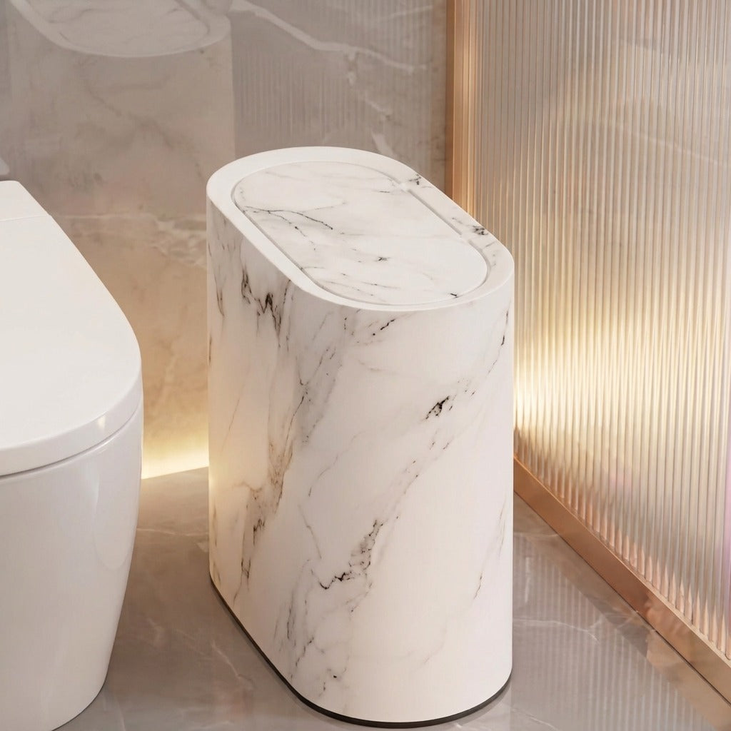 White marble bathroom bin with oval pop-up lid, top view