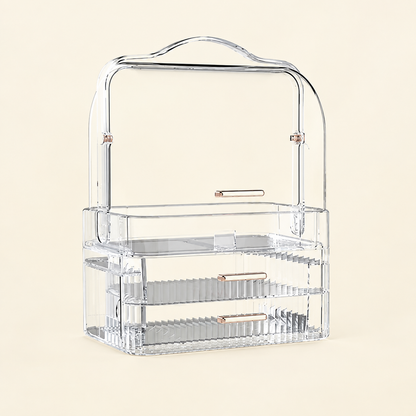 Clear multi-tier makeup organiser with lid, empty tiered compartments for cosmetics