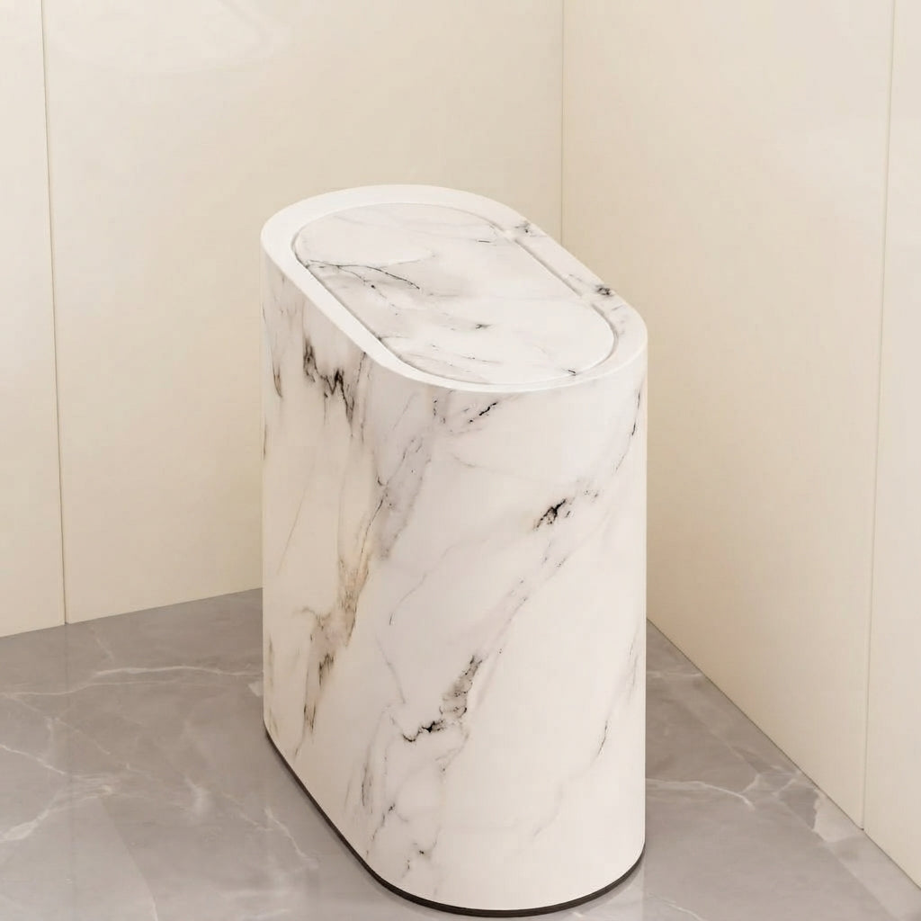 White marble bathroom bin with oval pop-up lid