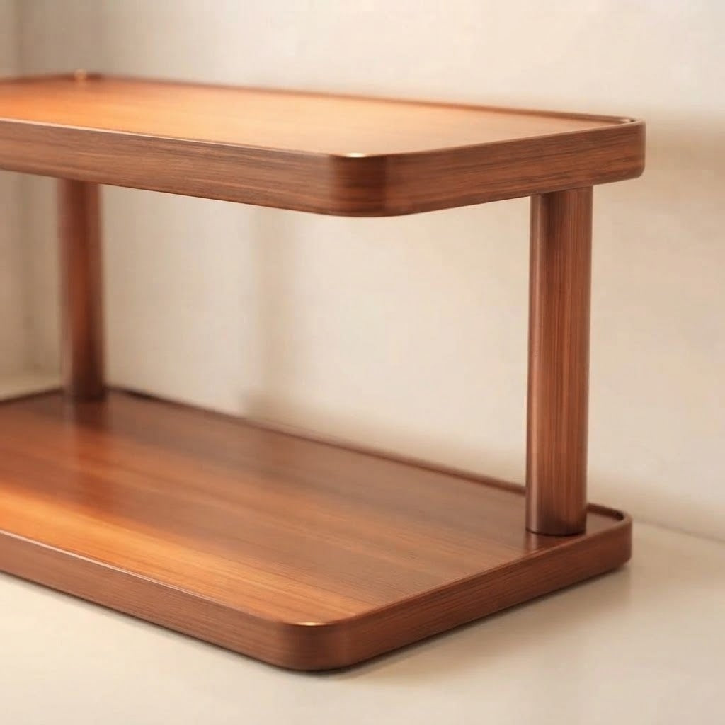 Light brown bamboo two-tier shelf corner with rounded top and bottom shelves.