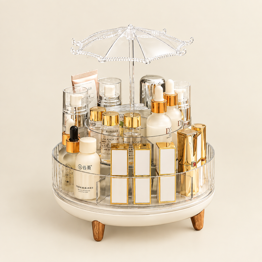 Rotating multi-tier makeup organizer with clear acrylic tiers and gold umbrella-style cover