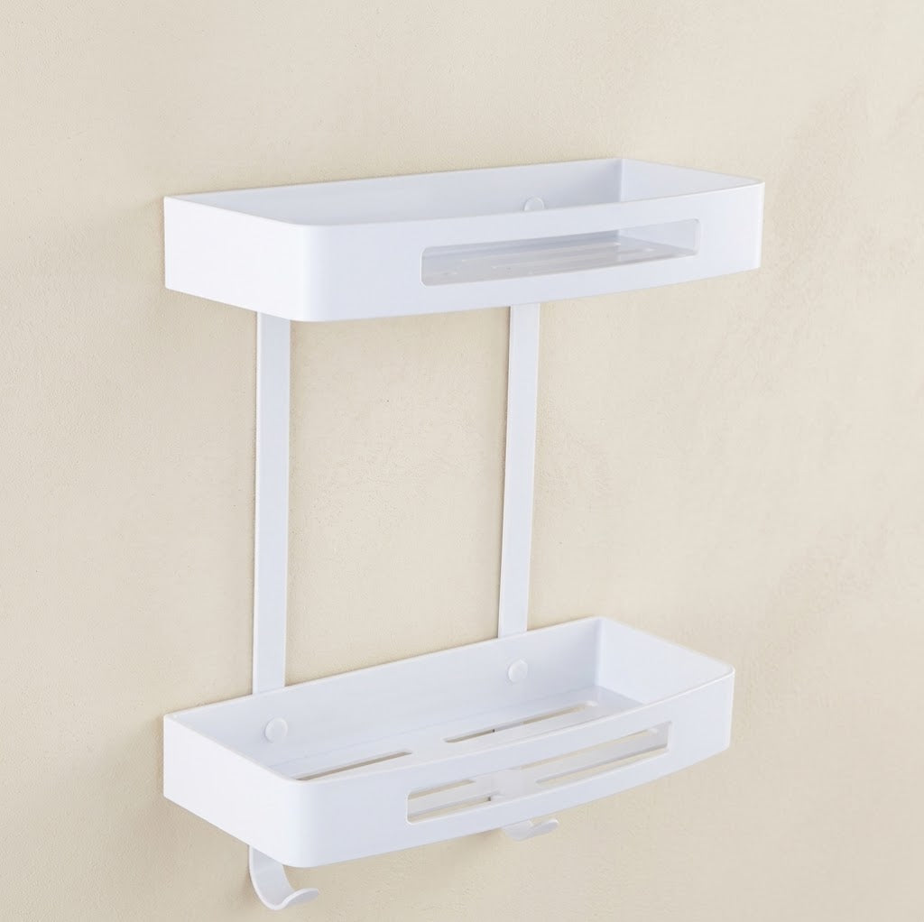 White stainless steel wall shower caddy with two stacked trays and hanging hooks.