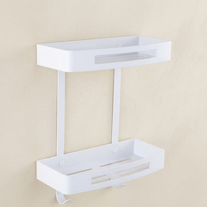 White stainless steel wall shower caddy with two stacked trays and hanging hooks.