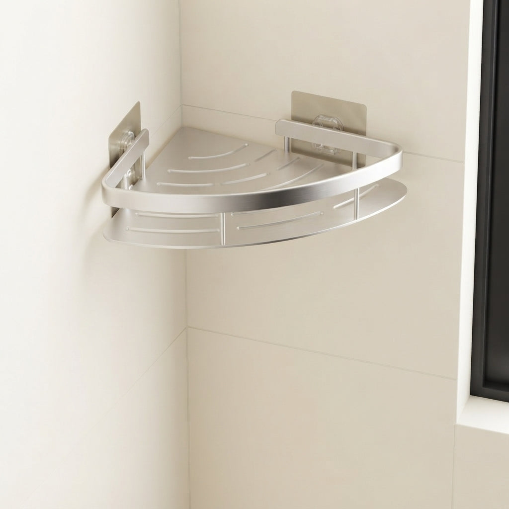 Light silver self-adhesive corner shower caddy with two-tier shelves and side support bars