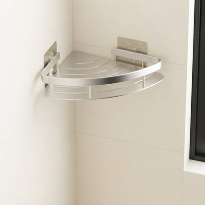 Light silver self-adhesive corner shower caddy with two-tier shelves and side support bars
