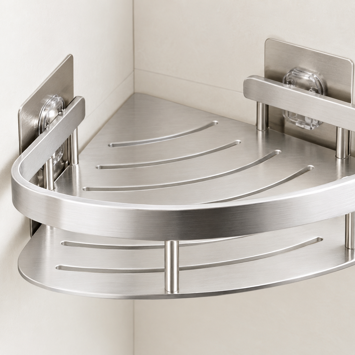 Self-adhesive aluminum corner shower caddy with silver two-tier shelves and hooks