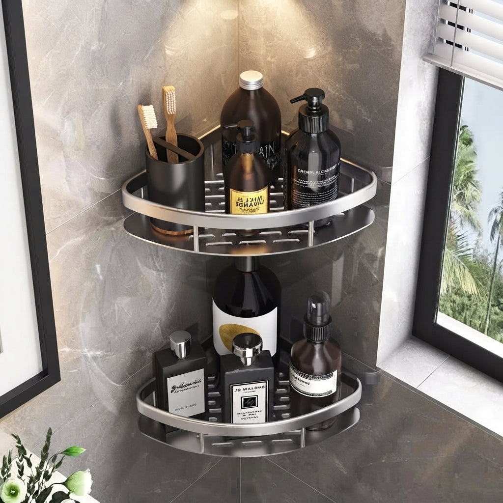 Black self-adhesive corner shower caddy with two circular shelves and organizer slots