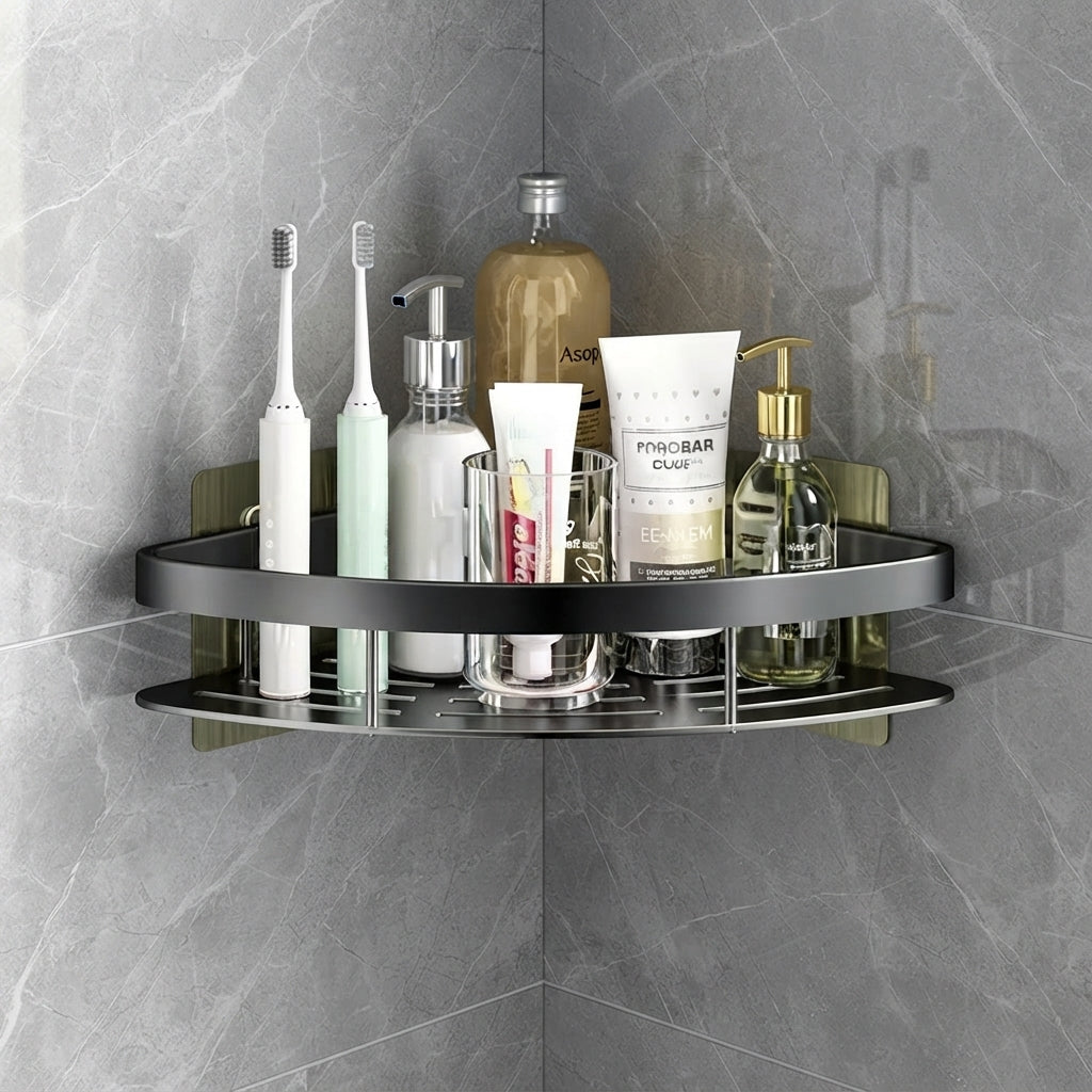 Silver round shower caddy with two-tier mesh shelves and bottle stand rails
