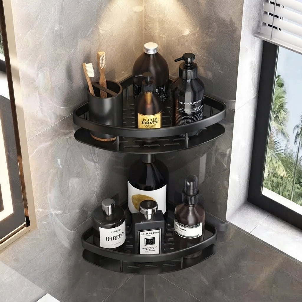 Black self-adhesive corner shower caddy with two circular shelves and side brackets
