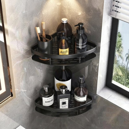 Black self-adhesive corner shower caddy with two circular shelves and side brackets