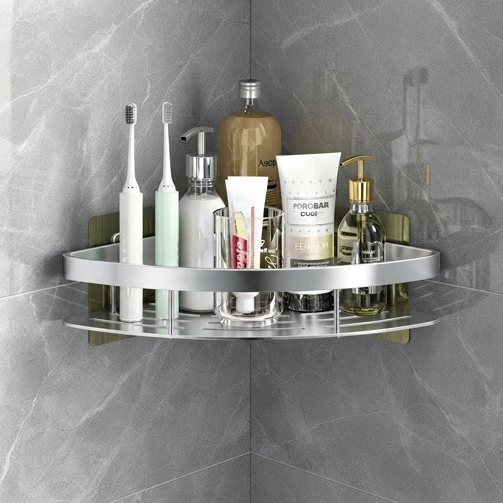 Silver self-adhesive round shower caddy with two-tier shelves and multiple bottle slots