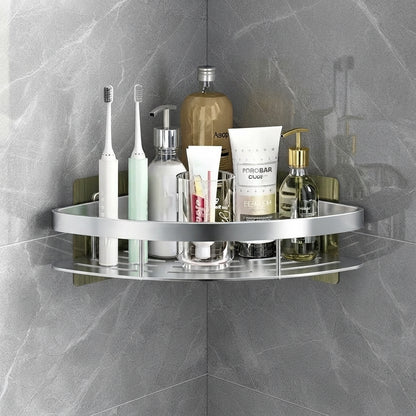 Silver self-adhesive round shower caddy with two-tier shelves and multiple bottle slots