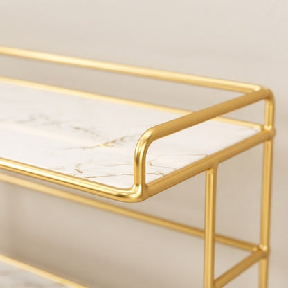 Gold-framed 2-tier organizer corner with white marble-look shelf and guardrail