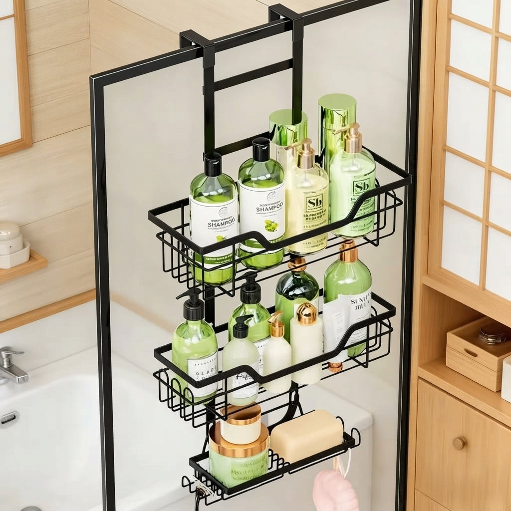Black 3-tier over-door shower caddy with wire baskets and front soap tray