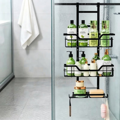Black 3-tier wire shower caddy mounted on door with soap tray and bottle holders