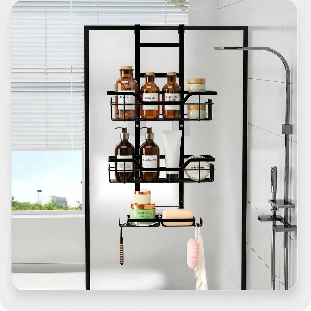 Black 3-tier over-door shower caddy with three wire baskets and side hooks