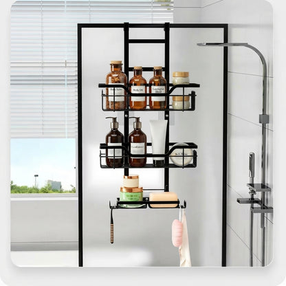 Black 3-tier over-door shower caddy with three wire baskets and side hooks