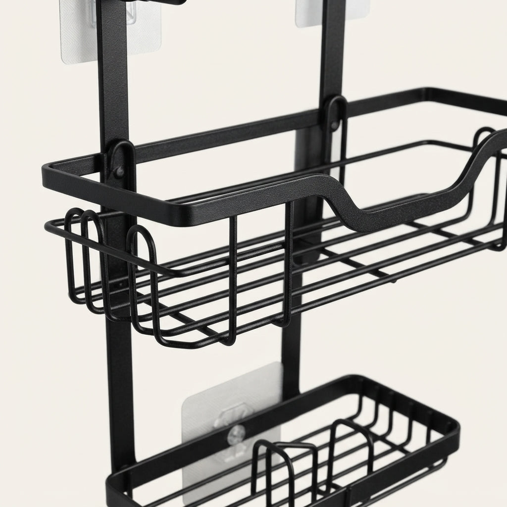 Black wire basket shower caddy with curved front bar and door mounting brackets