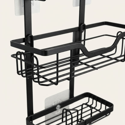 Black wire basket shower caddy with curved front bar and door mounting brackets