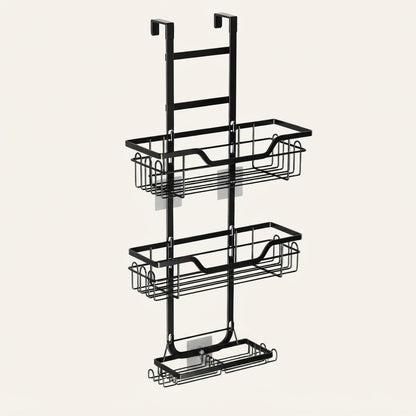 Black 3-tier over-door shower caddy with three stacked wire baskets and base tray