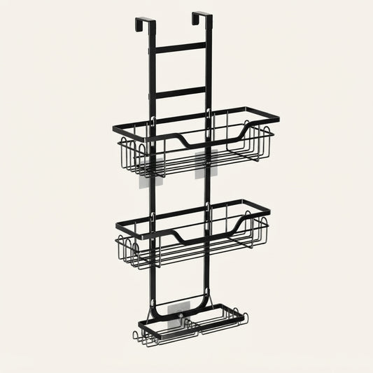Black 3-tier over-door shower caddy with three stacked wire baskets and base tray