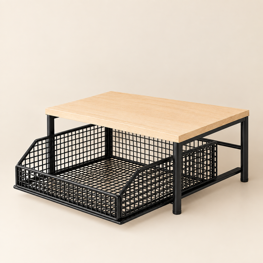 Black pull-out kitchen basket rack with wooden top and wire storage shelf