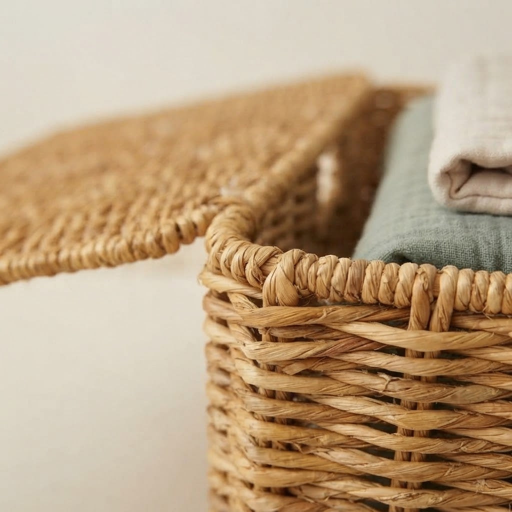 Woven rattan storage chest lid and edge, close-up of braided corner weave