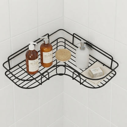Black wire corner bathroom caddy with two compartments for bottles and soap