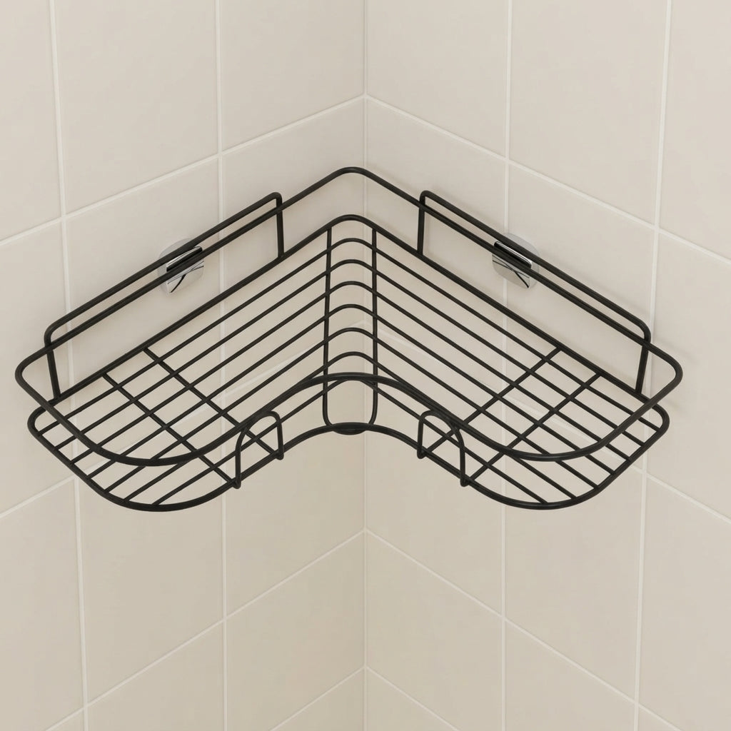Black wire corner bathroom caddy, empty double-tier basket with corner divider