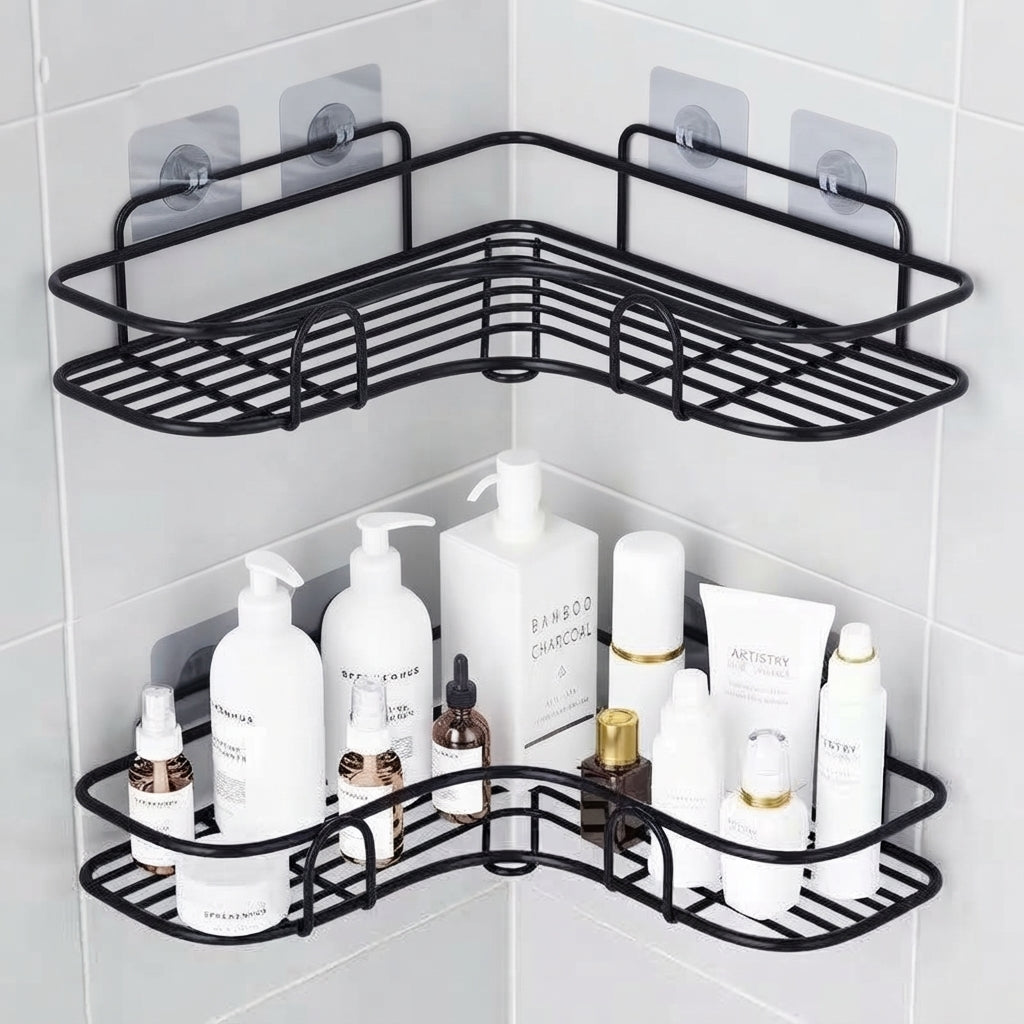 Black wire corner bathroom caddy with two curved baskets and adhesive tabs