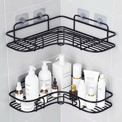 Black wire corner bathroom caddy with two curved baskets and adhesive tabs