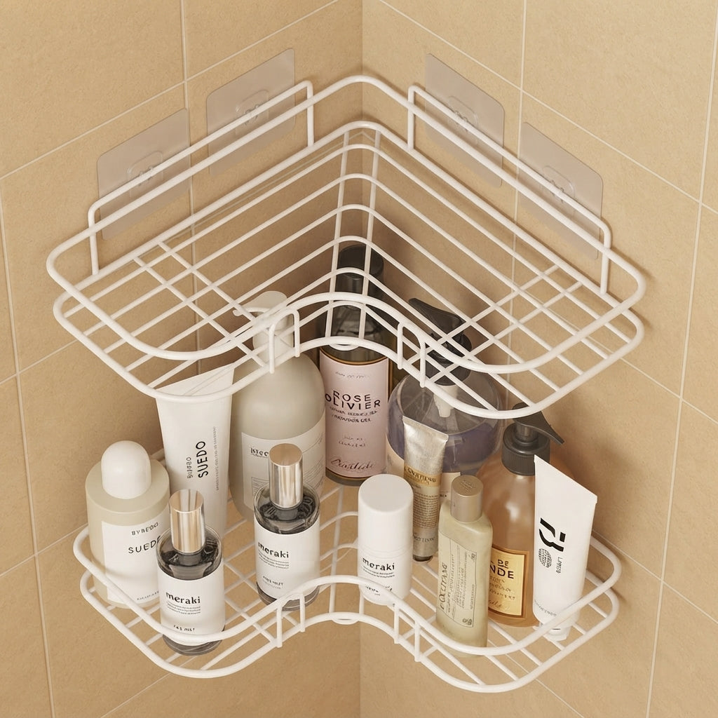 White wire corner bathroom caddy with curved corner shelves