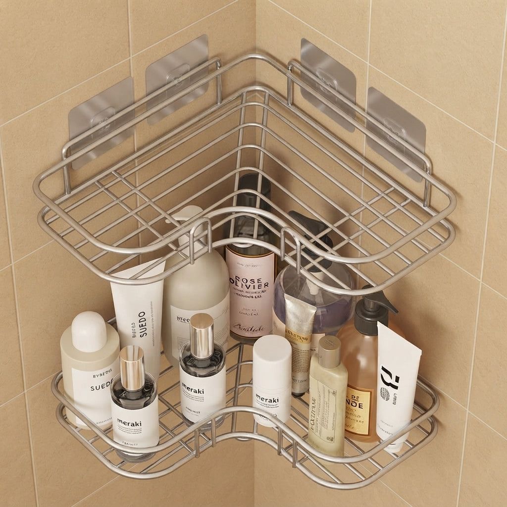 Silver wire corner bathroom caddy with clear adhesive pads and curved basket