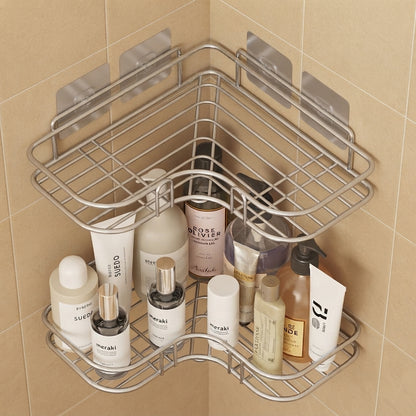 Silver wire corner bathroom caddy with clear adhesive pads and curved basket