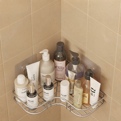 Silver wire corner bathroom caddy with curved shelves for toiletries