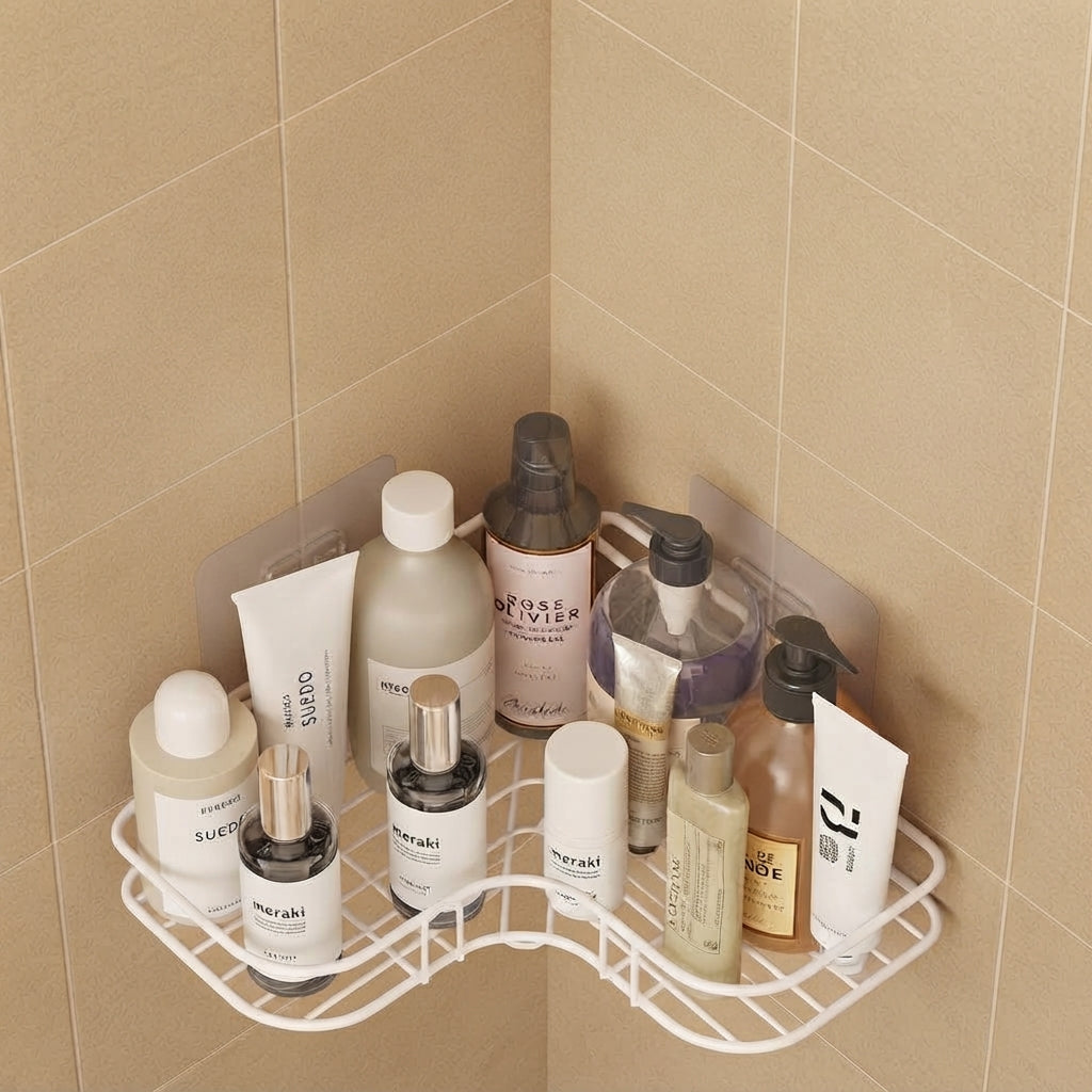 White wire corner bathroom caddy holding assorted toiletries on two tiers