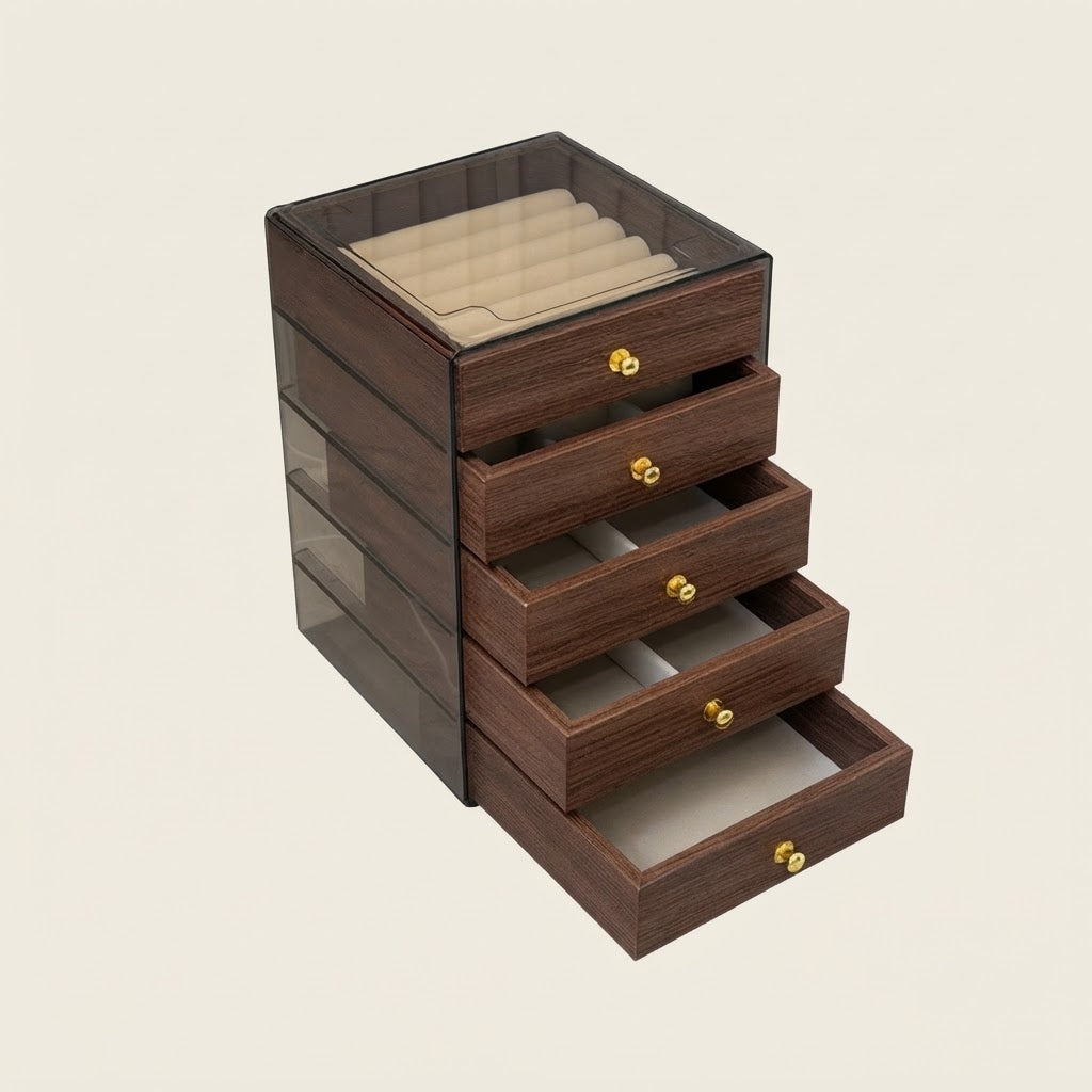 Walnut wood jewelry box with clear glass sides, gold knobs, and step drawers