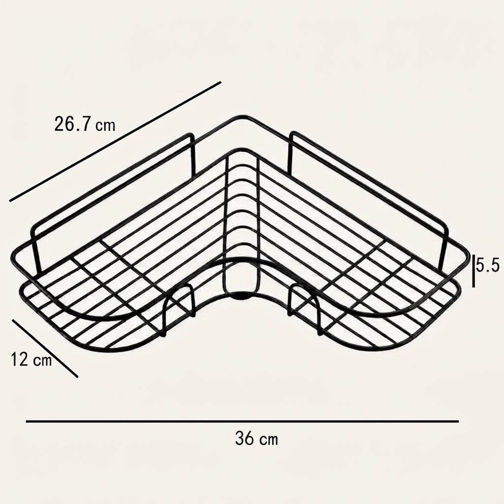 Black wire corner bathroom caddy size diagram: 36 cm x 26.7 cm