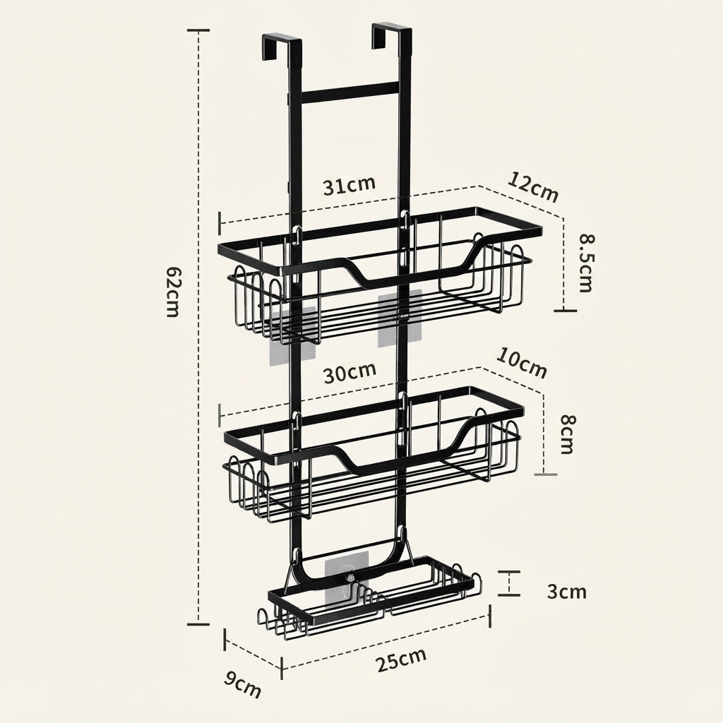 Black 3-tier over-door shower caddy with displayed size measurements in cm