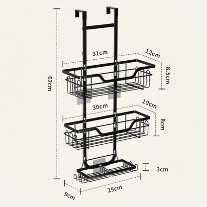 Black 3-tier over-door shower caddy with displayed size measurements in cm