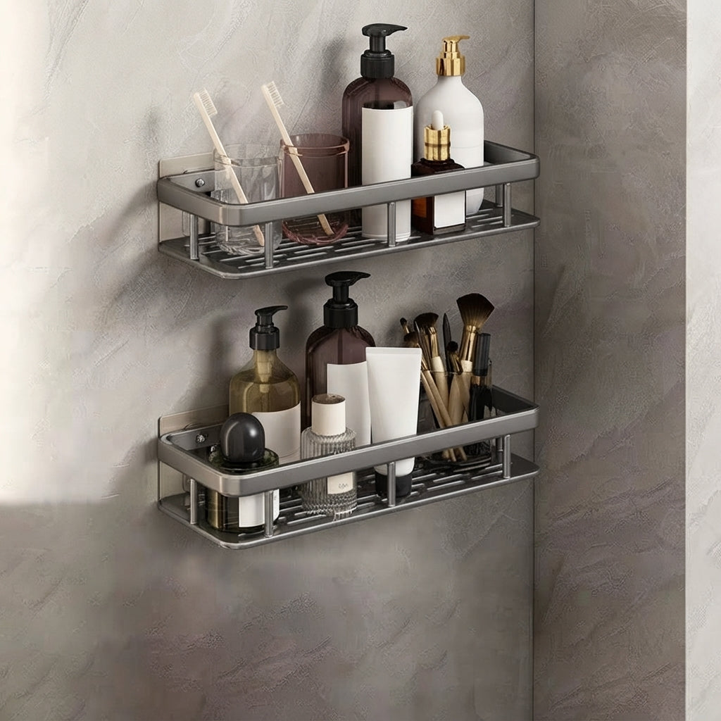 Silver slotted aluminum three-tier shower caddy organizer, no-drill mount