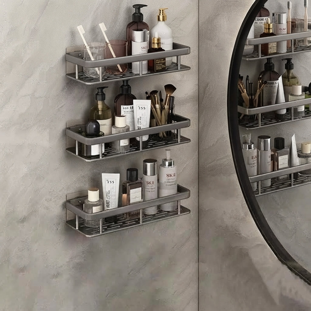 Silver slotted aluminum three-tier shower caddy organizer, no-drill mount