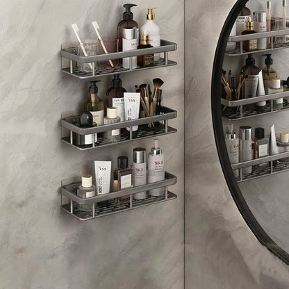 Silver slotted aluminum three-tier shower caddy organizer, no-drill mount