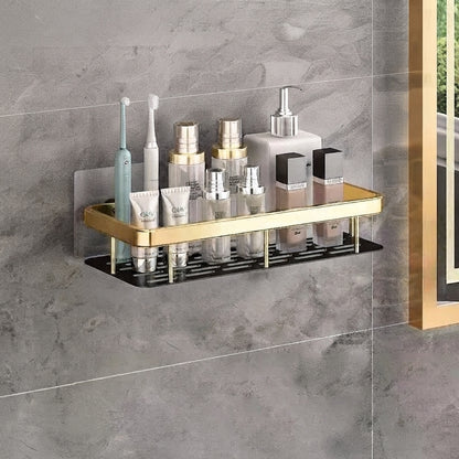 Golden two-tier slotted aluminum shower caddy for toiletries, no-drill mount