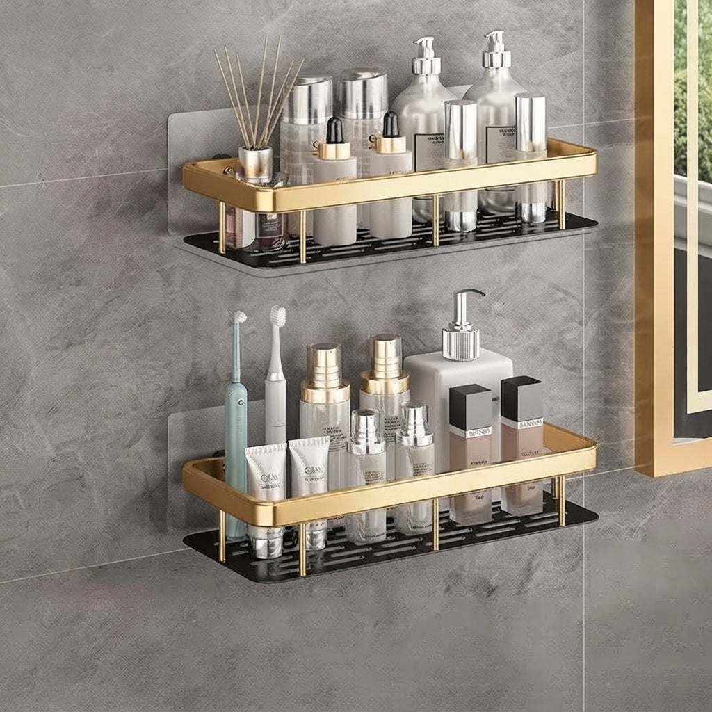 Golden two-tier slotted aluminum shower caddy with long top bar, no-drill mount
