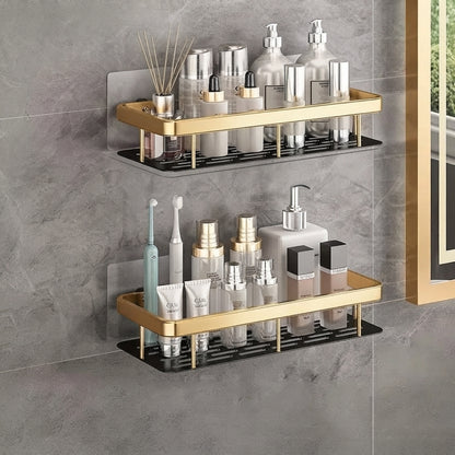 Golden two-tier slotted aluminum shower caddy with long top bar, no-drill mount