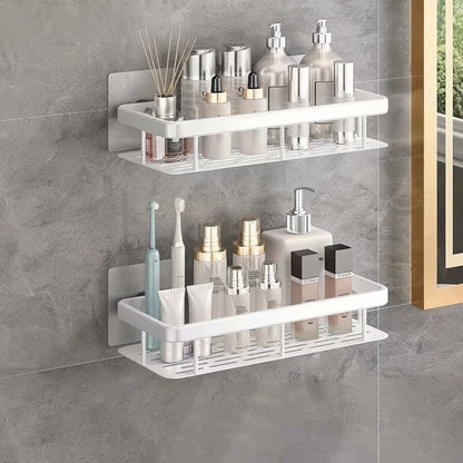 White two-tier slotted aluminum shower caddy with no-drill mount, wall-mounted