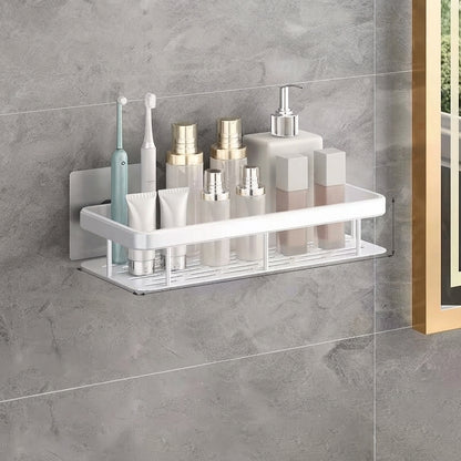 White two-tier slotted aluminum shower caddy, no-drill mount
