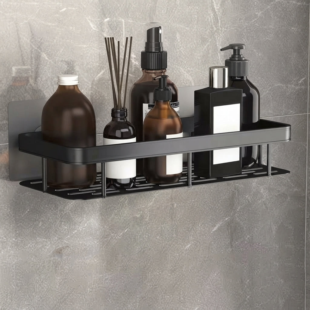 Dark grey two-tier slotted aluminum shower caddy, no-drill mount