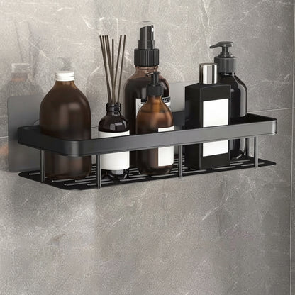 Dark grey two-tier slotted aluminum shower caddy, no-drill mount